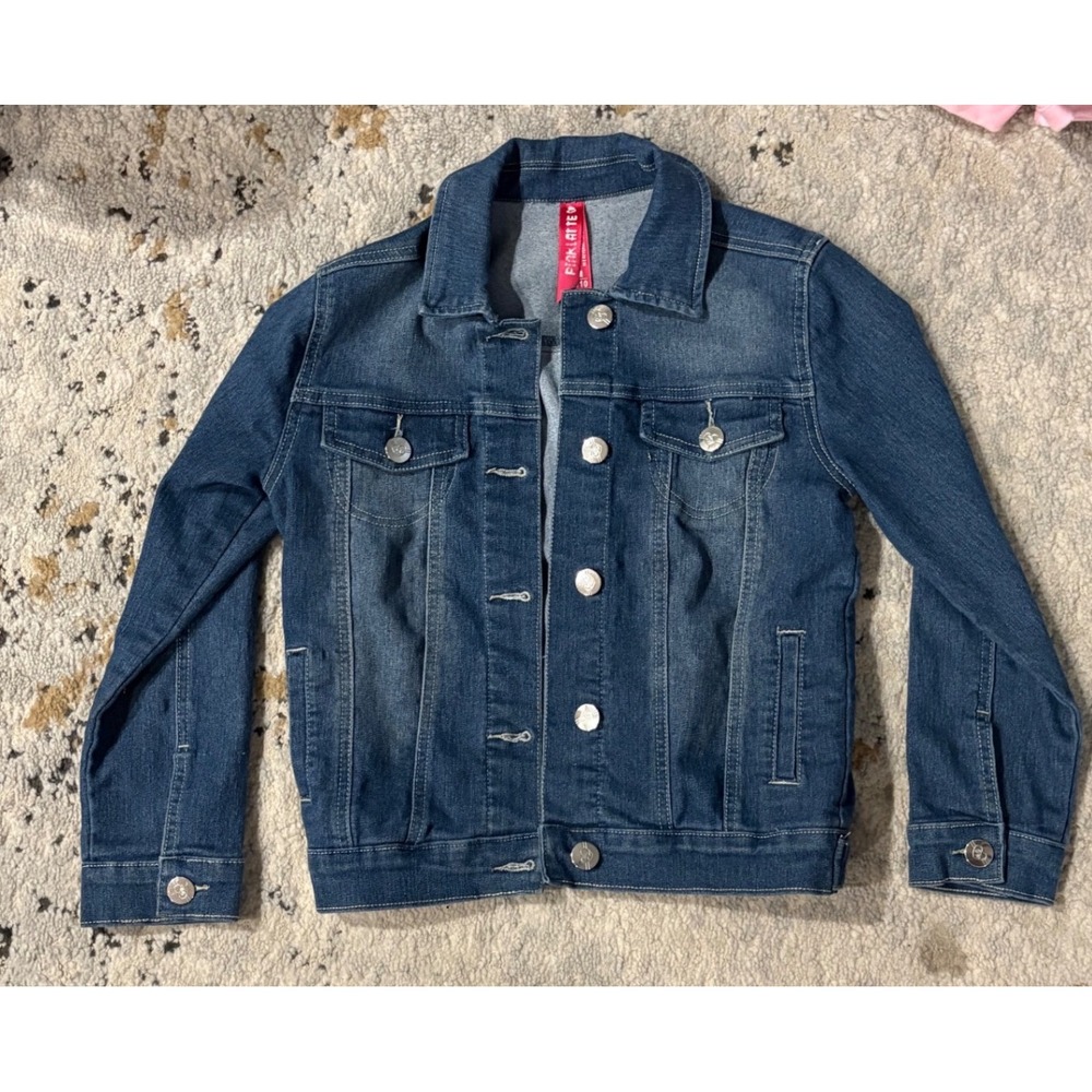 Pink Latte Girls Blue Denim Trucker Jacket Medium 8/10 Medium Wash Heart Buttons